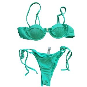 Green Glitter Underwire Bikini Set Shimmer High Leg Tie Side Swimsuit Small